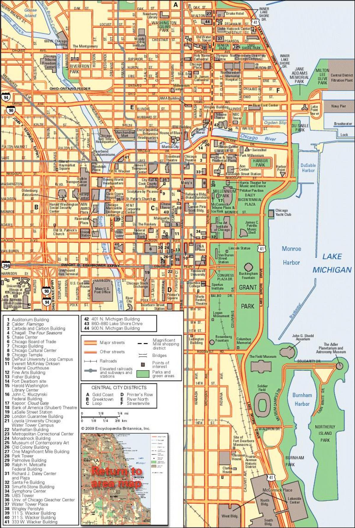 карта на Чикаго во центарот на градот